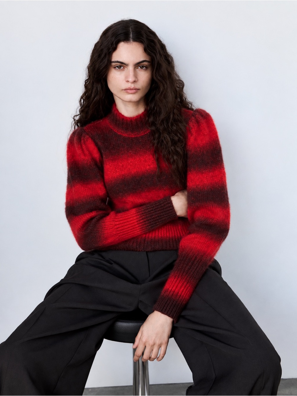 Mango Red & Burgundy Striped Puff-Sleeve Mock Neck Sweater